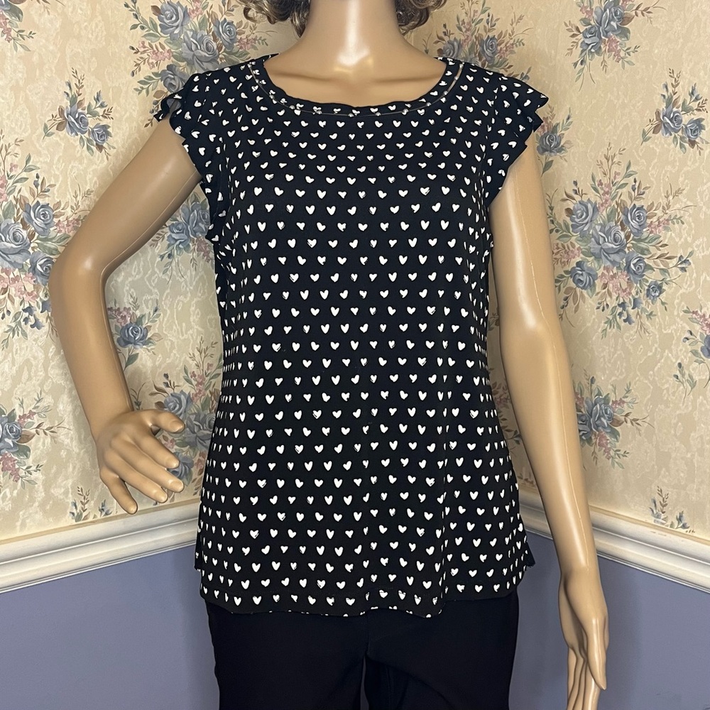 Candies Black & White Polka Dot Heart Blouse W/ Pearl Bead Collar Detail, Size S